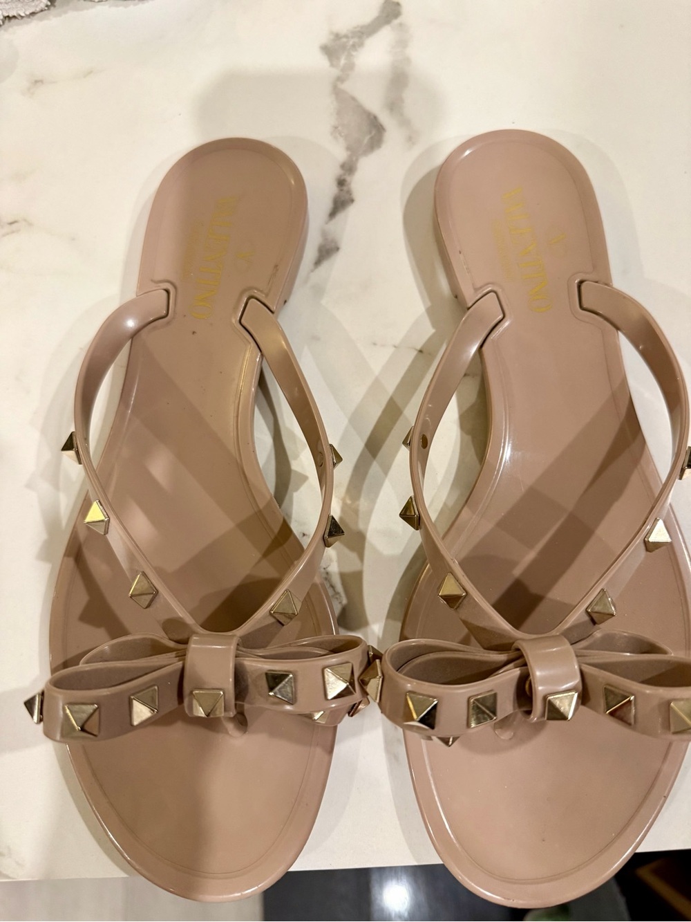 Valentino Taupe Bow Studded Jelly Flip Flops